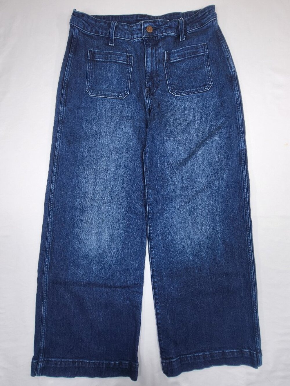 Old Navy Extra High Rise Wide Leg Jeans 12 Petite Front Patch Pockets Stretch